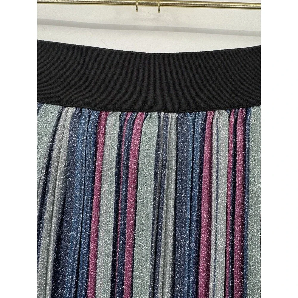 Unique Vintage Micro Pleated Metallic Multi Stripe Full Midi Skirt M Retro Glam - Picture 3 of 8